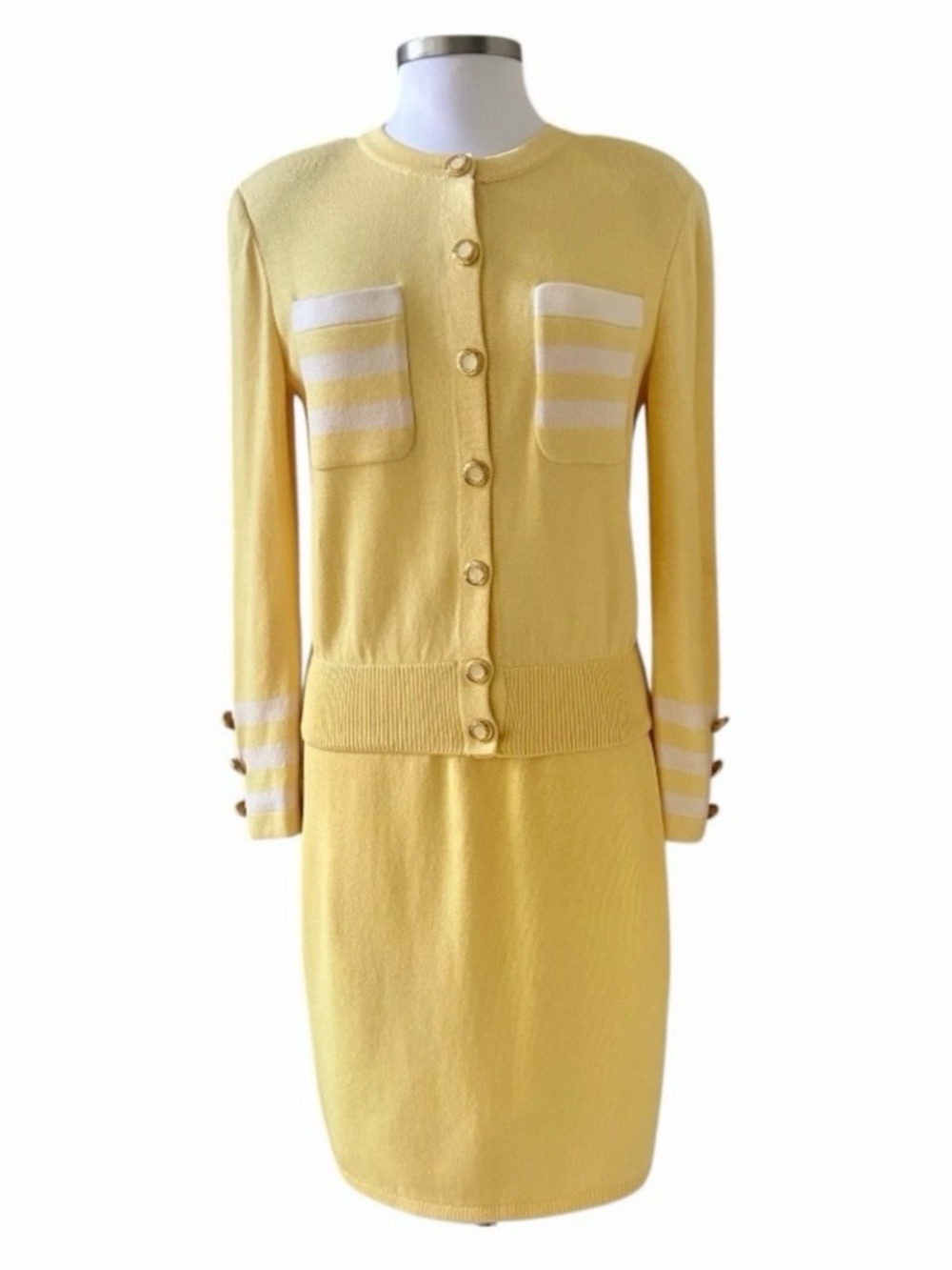 St. John Yellow with White Detail Santana Knit Skirt Suit Set Size 4 - Picture 3 of 13
